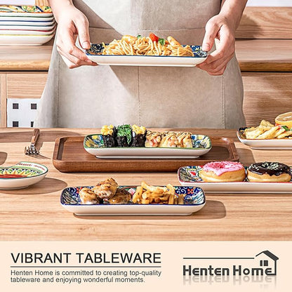 Henten Home Porcelain 8 Inch Dessert Plates, Ceramic Rectangular Salad Plate Set of 6, Bohemian Serving Dishes for Sushi, Appetizer, Cake, Sashimi, Microwave & Dishwasher Safe