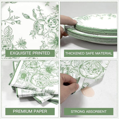 Sage Green Floral Plates and Napkins Party Supplies, Serve 60 Guests | 180pcs - Image 3