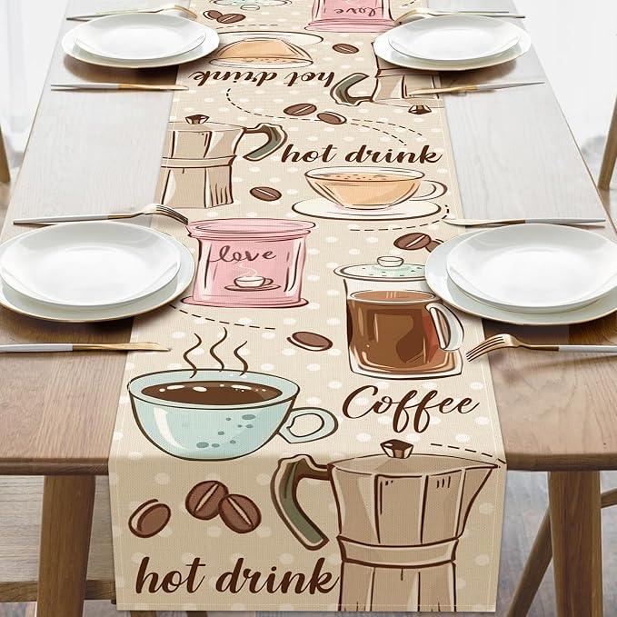 Vintage Coffee Bar Utensil Dining Table Runner, Retro Coffee Bean Hot | Drink by Croar