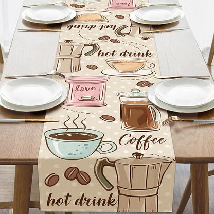 Vintage Coffee Bar Utensil Dining Table Runner, Retro Coffee Bean Hot | Drink by Croar