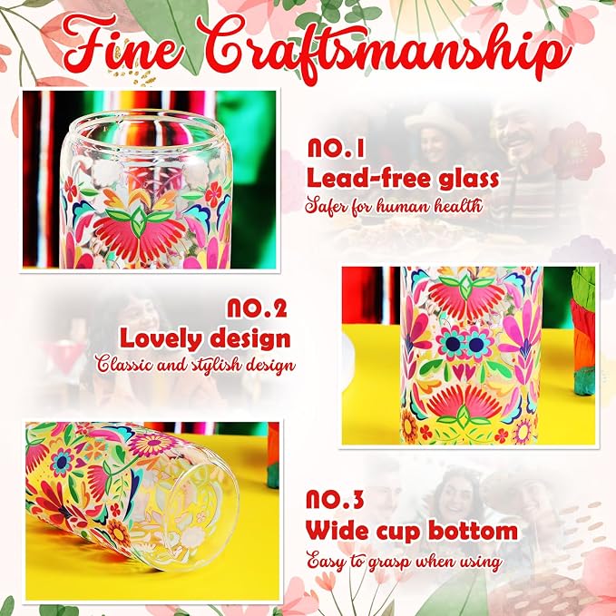 Sliner 2 Pcs Mexican Glass Cups Fiesta Cinco De Mayo Drinking Tumbler Mandala - Image 6