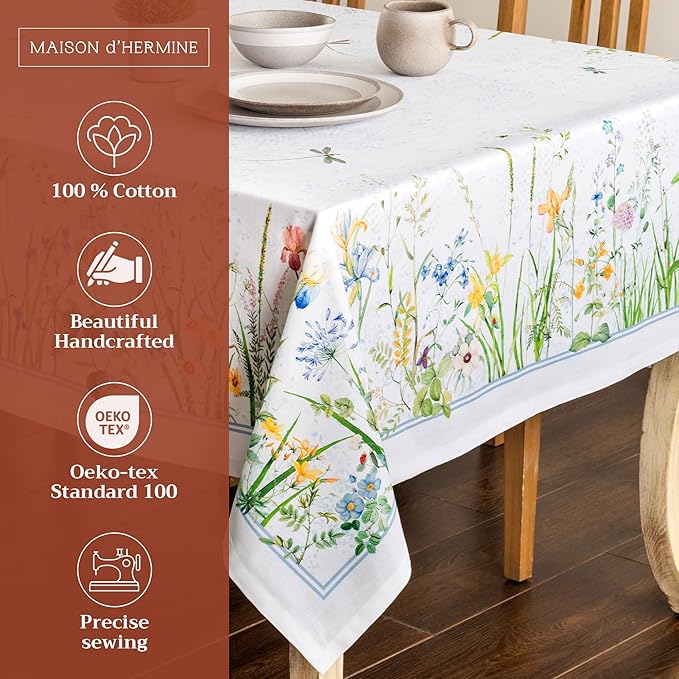 Maison d' Hermine Table Cloth Rectangle Table 100% Cotton 60 x 90 Inches Tablecloth Reusable Decorative for Dining Room Farmhouse Home Valentines Day Decorations Spring Summer - Fleurs De Mai