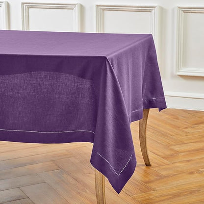 Solino Home Linen Tablecloth for Rectangle Tables 60 x 144 Inch - Classic Hemstitch 100% Pure Linen Purple Table Cloth - Machine Washable Cloth Tablecloth for Valentines, Spring, Easter