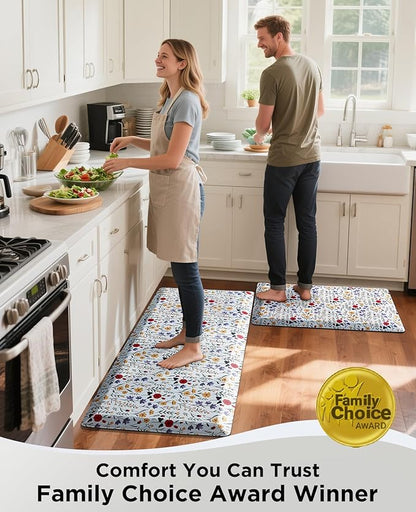 Ophanie Kitchen Mats for Floor, 3/4 inch Thick, 17x28 Anti Fatigue Cushioned Mat, Kitchen Rugs, Waterproof, Comfort Ergonomic Standing Mat for Office, Home, Sink, White Flower Non-Slip Ridged Bottom
