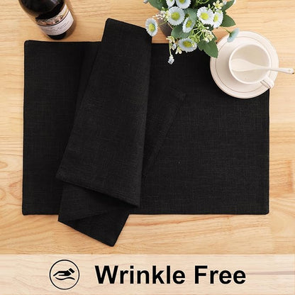 homing Cotton Linen Placemats Set of 8, Cloth Washable Farmhouse Dining Table Mats for Indoors & Outdoors, Easy to Clean, Black, 13 x 19 Inch