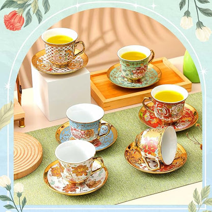 Teenyyou Set of 6 Tea Cups and Saucers Tea Party Decorations Floral Porcelain - Image 6
