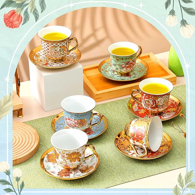 Teenyyou Set of 18 Tea Cups and Saucers Tea Party Decorations Floral Porcelain - Image 3