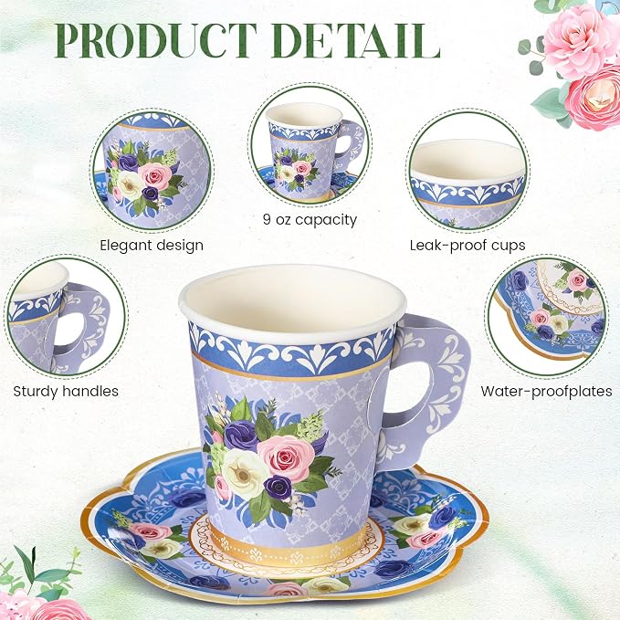 Nuogo 300 Pcs Floral Paper Tea Cups and Saucers 9 OZ Disposable Cups - Image 4
