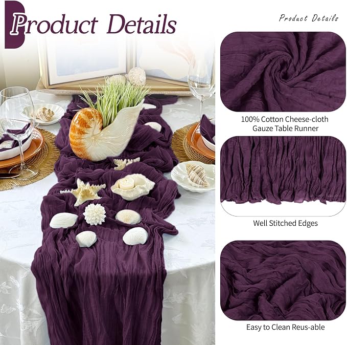 6 Pack Dark Purple Cheesecloth Table Runner 17x108 Inch Semi Sheer Boho Gauze - Image 5