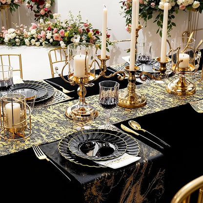 Ciaell 175 PCS Black Scalloped Plastic Plates with Gold Trim - Black Plastic Silverware with Handle - Fancy High-End Dinnerware Sets for Wedding & Party