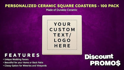 100 4" Square Ceramic Coasters Set - Customizable Text, Logo - Cork Bottom, Serve Ware - Natural