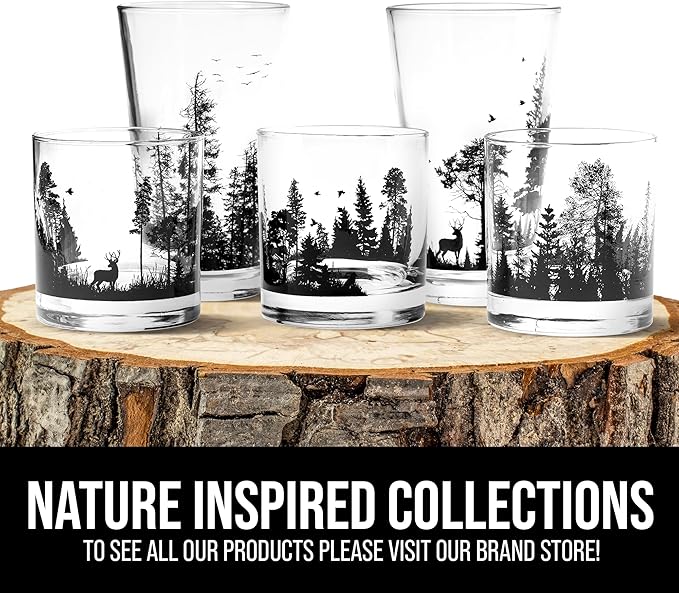 Black Lantern Nature Themed Pint Glasses Set of 2 – Pine Tree Forest Landscape Hand-Printed Beer Glass Set - 16oz. Capacity