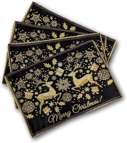 DaDa Bedding Set of 4-Pieces Magical Golden Reindeer Tapestry Placemats - Starry Winter Snowflake Festive Merry Christmas Holiday Yellow & Black - Needle Stitched Woven Table Mats - 13” x 19”