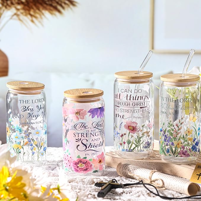 Mumufy 4 Pack Wildflower Glass Cups Gift Aesthetic Cute Glass Cup Tumbler - Image 5