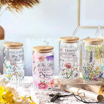 Mumufy 4 Pack Wildflower Glass Cups Gift Aesthetic Cute Glass Cup Tumbler - Image 5
