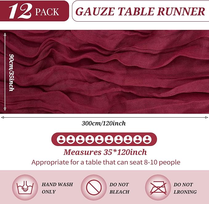 YMHPRIDE 12 Pack Cheesecloth Table Runner 35x120in Burgundy Table Runner | Boho - Image 2