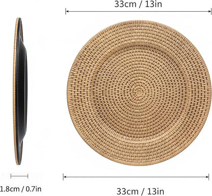 13 Inch Antique Gold Charger Plates Set of 6 Round Plastic Plates Matte Finish Faux Rattan Woven Texture Charger plates for Wedding Party Christmas (609)