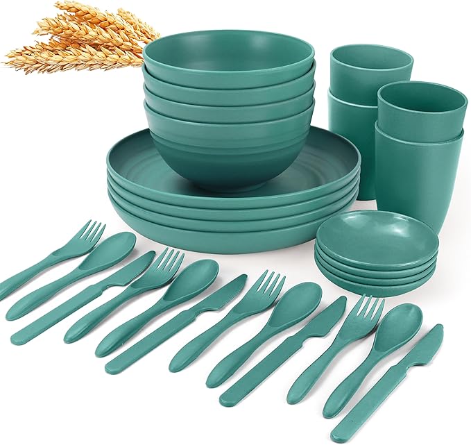 wheat straw bowls, cups and cutlery sets 28 pcs by WROVA