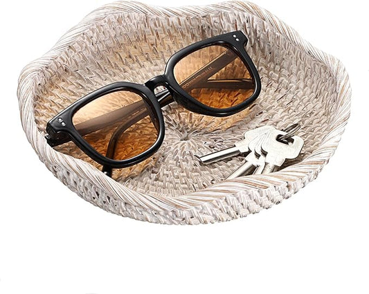Hipiwe Handwoven Rattan Basket Tray Decorative Key Tray for Entryway Table Handwoven Wicker Storage Bowl for Fruit Bread Candy, Whitewash 7.9 Inch