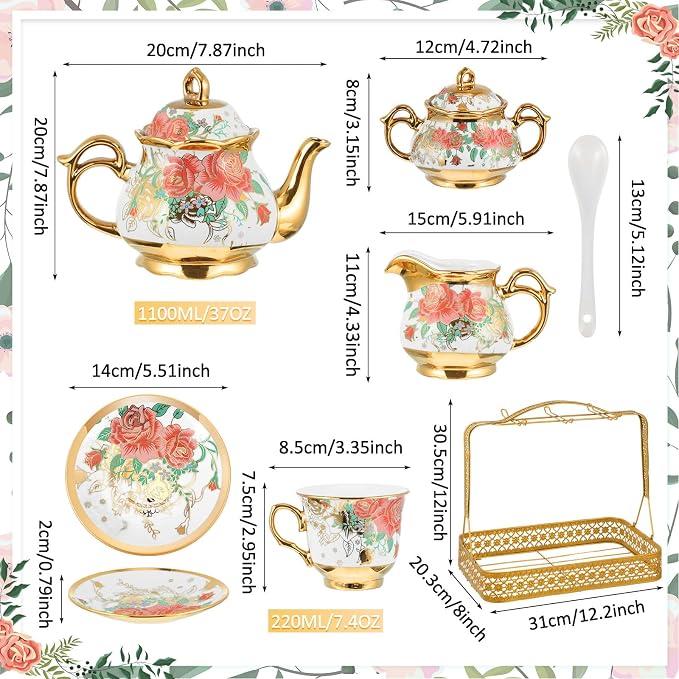 22 Pcs Porcelain Tea Set with Metal Holder, Vintage European Floral Tea Set - Image 2