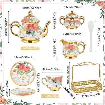 22 Pcs Porcelain Tea Set with Metal Holder, Vintage European Floral Tea Set - Image 2