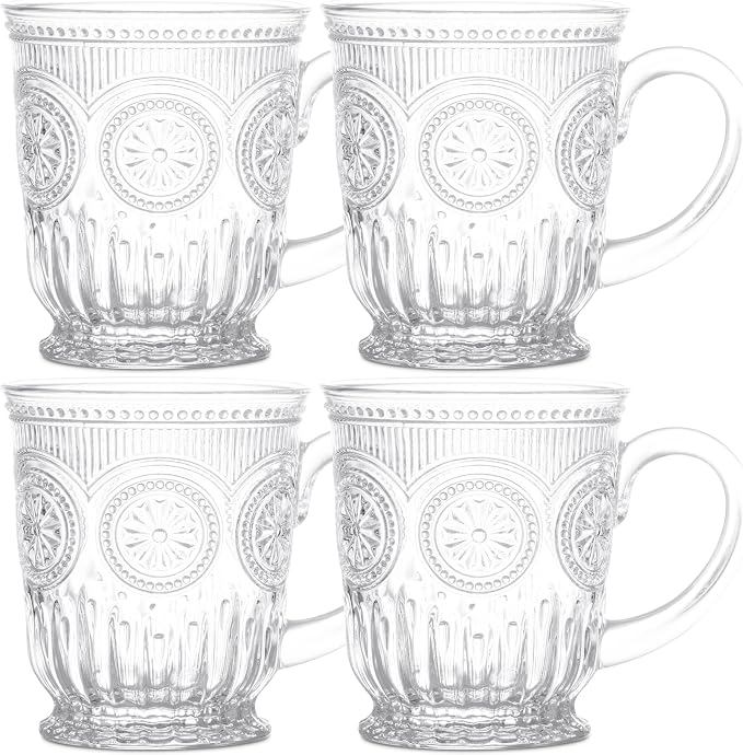 Vintage Glass Mugs Set of 4 – 10oz Vintage Coffee Mugs or Pressed Glass Tea Cup by Yungala