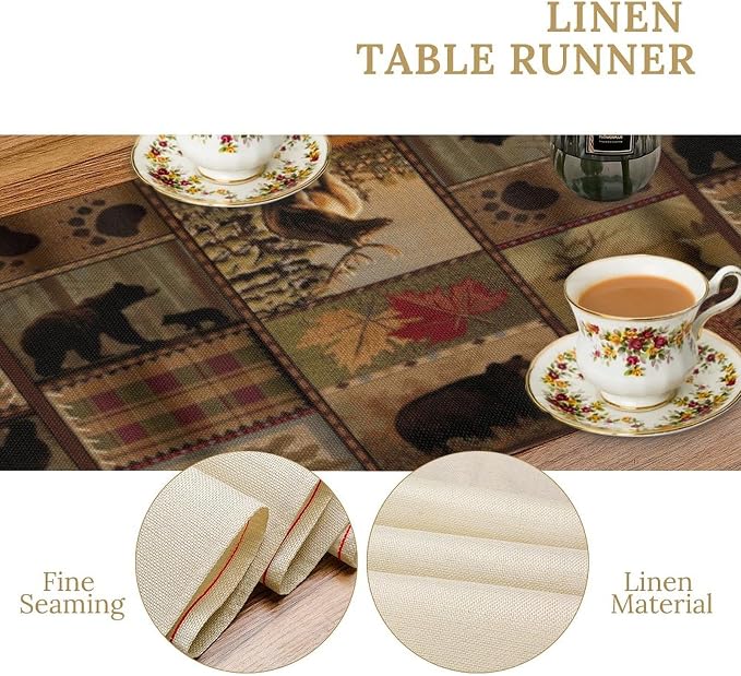 Rustic Bear Table Runner, Vintage Cottage Country Style Pine Tree Elk Wildlife - Image 5