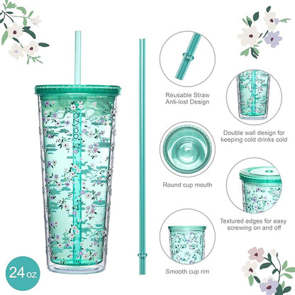 bzyoo 24oz Plastic Tumbler Cup, Lid & Straw, Iced Coffee Floral Mint | Double - Image 2