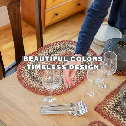 Homespice Chester Jute Braided Oval Placemats, Warm Lodge and Cabin Decor, Set of 6, 13x19 Red Table Mats - Vibrant Colors, Durable, Easy to Clean and Protects Furniture