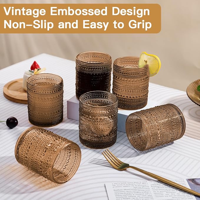 JOVGANK Brown Vintage Hobnail Drinking Glasses Set of 6, Embossed Water Tumbler - Image 6