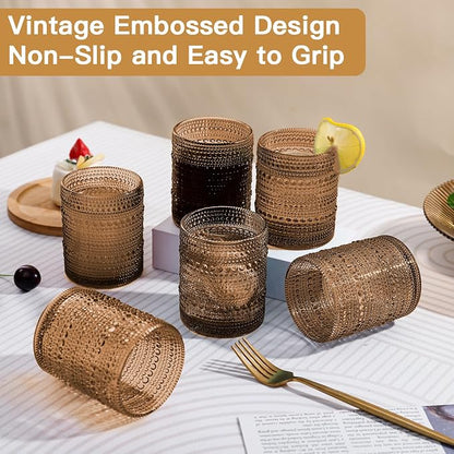 JOVGANK Brown Vintage Hobnail Drinking Glasses Set of 6, Embossed Water Tumbler - Image 6