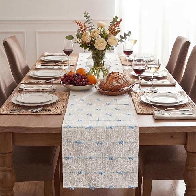 Artoid Mode Sky Blue Boho Farmhouse Cotton Woven Table Runner, Seasonal Summer - Image 2