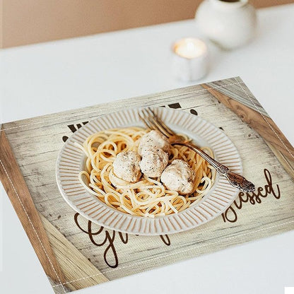 Vintage Farmhouse Placemat Set, Beige White Rustic Wooden Plank Patchwork Welcome Home Letter Inspirational Quotes Pattern Home Decor Linen Table Mats for Dining Room Kitchen Party (17x12in) x6P