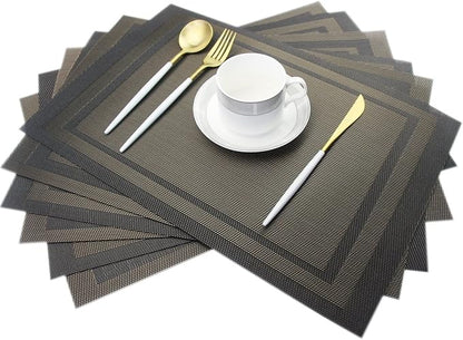 Placemats Vinyl Washable for Dinner Table Stain Insulation Easy to Clean Table Mats Set of 6 (Gold+Black)