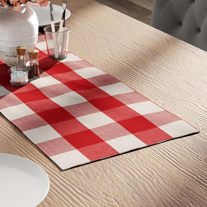 Encasa XO Table Runner, Woven Cotton Dining Runner 13"x36" | Buffalo Red Checks by EncasaXO
