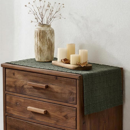 Artisanal Grid Linen Table Runner, 13x72 Inches Army Green | Heavy Textured - Image 3