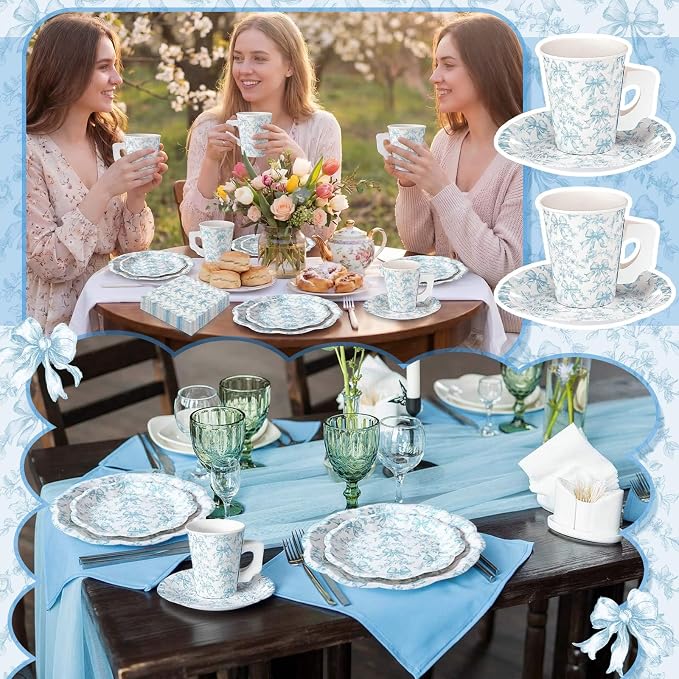 Pickmesh 252 Pcs Blue Bow Floral Tea Party Supplies - Image 6