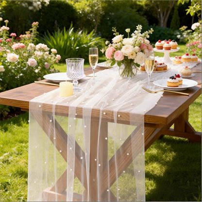 Pearl Table Runner Summer Tulle Gauze Sheer Wedding Party Home Decor | Ivory - Image 5