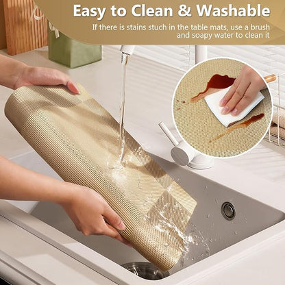 Placemats,Table Place Mats for Kitchen Dining, Heat-Resistant Anti-Skid Stain Washable PVC Table Mats, Easy to Cleaning Woven Vinyl Dinner Mats (Gold, 6 Pack)