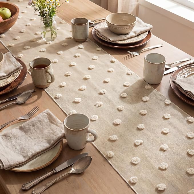 Artoid Mode Champagne Pom Pom Tulle Table Runner, Seasonal Washable Kitchen - Image 4