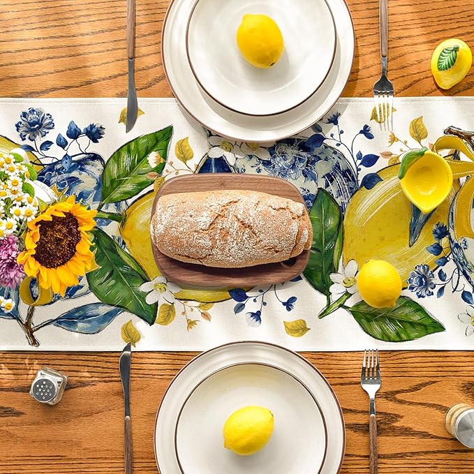 Artoid Mode Chinoiserie Lemon Bow Flowers 210 GSM Summer Table Runner, Seasonal - Image 3
