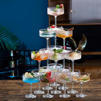 20Pcs Acrylic Martini Glasses, 10oz Shatterproof Plastic Champagne Tower, Unbreakable Ribbed Coupe Glasses, Art Deco Stem Cocktail Glassware Set, Manhattan Goblet for Wedding Birthday Party