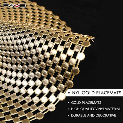 FAVE Set of 4 Gold Vinyl Round Placemats, Spiral Hollow Out Washable for Weddings, Parties, Birthdays, Restaurant & Home (15 Inch)