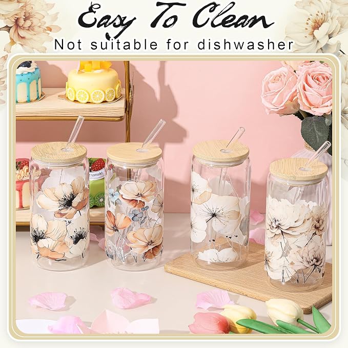 Mumufy 4 Pack Wildflower Glass Cups Gift Aesthetic Cute Glass Cup Tumbler - Image 5