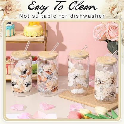 Mumufy 4 Pack Wildflower Glass Cups Gift Aesthetic Cute Glass Cup Tumbler - Image 5