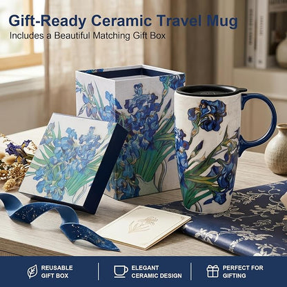 Topadorn 17oz Van Gogh Irises Ceramic Travel Mug - Image 7