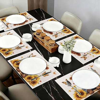 Cute Highland Cow Table Placemats Set of 6,Non-Slip Rustic Sunflower Butterfly Fabric Placemats for Dining Room Kitchen Party Holiday, Indoor Cloth Table Mats for Home Decor 11.8x17.7 Inch