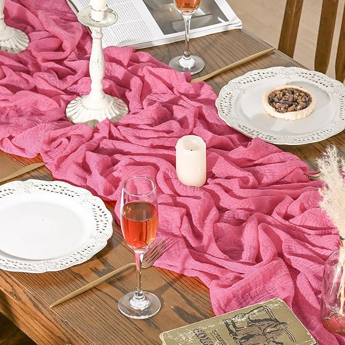 Artoid Mode Boho Cheesecloth Gauze Rose Red Wedding Table Runner, 120 Inch - Image 3