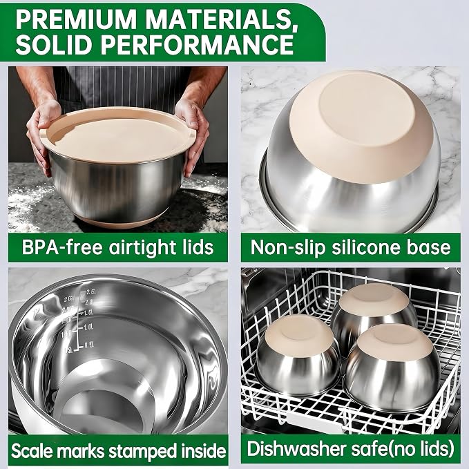 Deedro Mixing Bowls with Airtight Lids, Stainless Steel Mixing Bowls Set | - Image 8