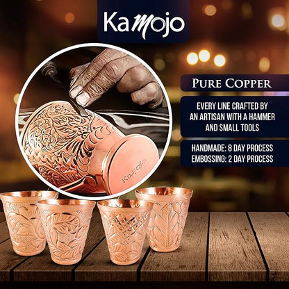 Pure Copper Shot Glasses (Set of 4) - Moscow Mule Drinking Shot Glass for Home, Kitchen, Bar - Barware Drinking Glass for Tequila Vodka Cocktail Shooters - Custom Embossed Metal Drinkware Gift